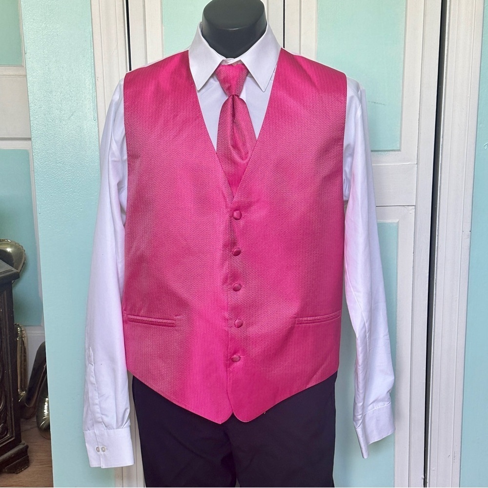 Fuchsia Hot Pink Herringbone Satin Closed Back Vest Wedding Prom Men’s XL Tie